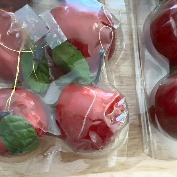 Red Apple Ornaments With Green Stem Leaf And Hanging String 2 Sets Of 6. - Picture 3 of 3